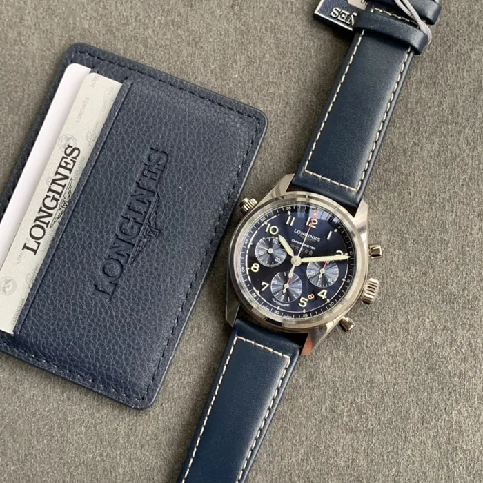 top-tier watch Longines men's blue dial pioneer series leather strap watch front view