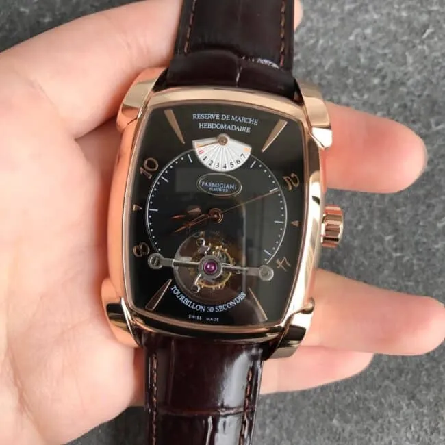 Parmigiani Fleurier watch tourbillontop-tier men's square watch rose goldblack dial front view