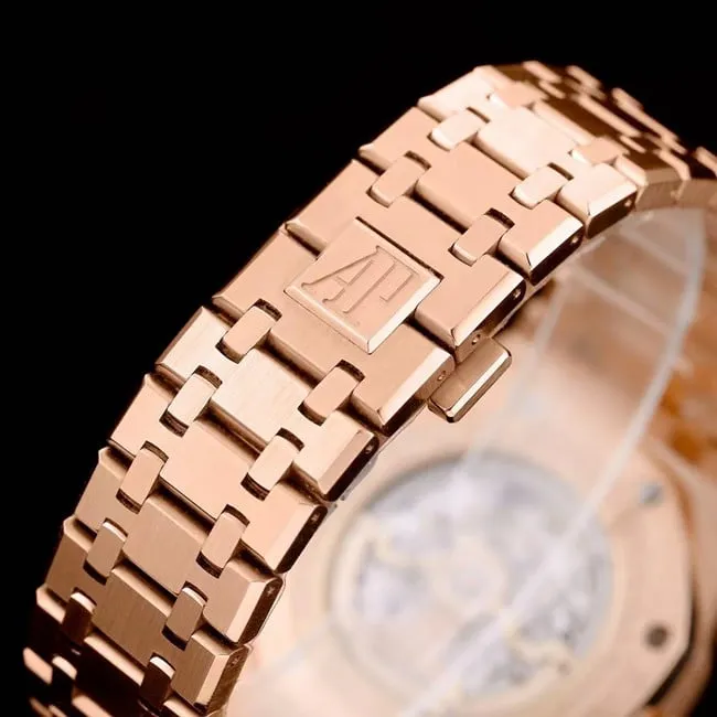 top-tier watch Audemars Piguet men's white dial gold band Royal Oak series automatic movement watch front view