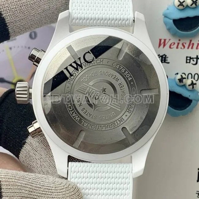 top-tier watch IWCAPS factory pilot black dialchronograph white ceramic mechanical caseback live photo