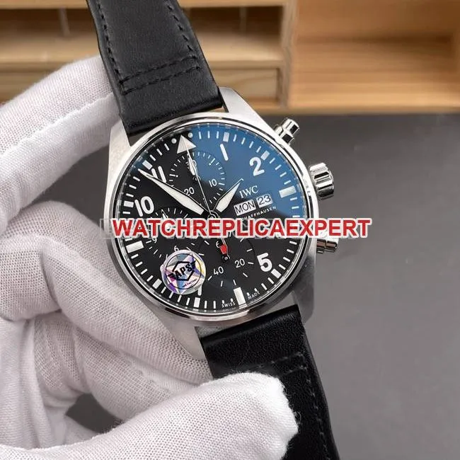 watch aps factory pilot IWC black dialchronograph leather braceletfront live photo