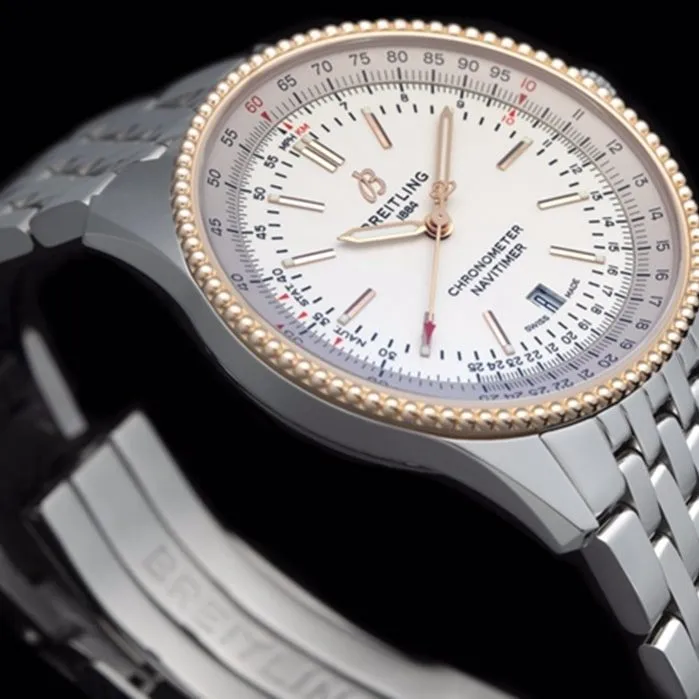 Top-tier watch Breitling men's white dial aviation chronograph1 series steel bracelet watch front view