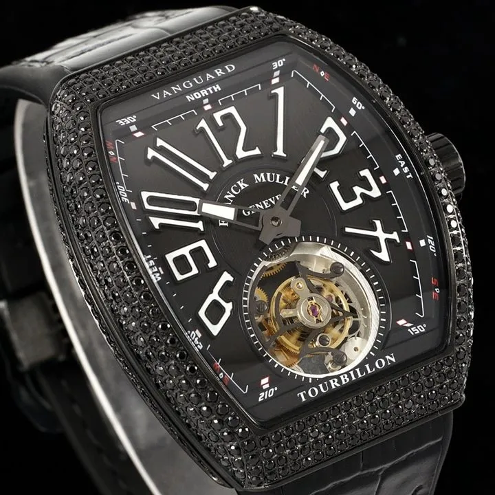 RMS factory Frank Muller men's watch black dial diamond tourbillonleather strap model V45front live photo