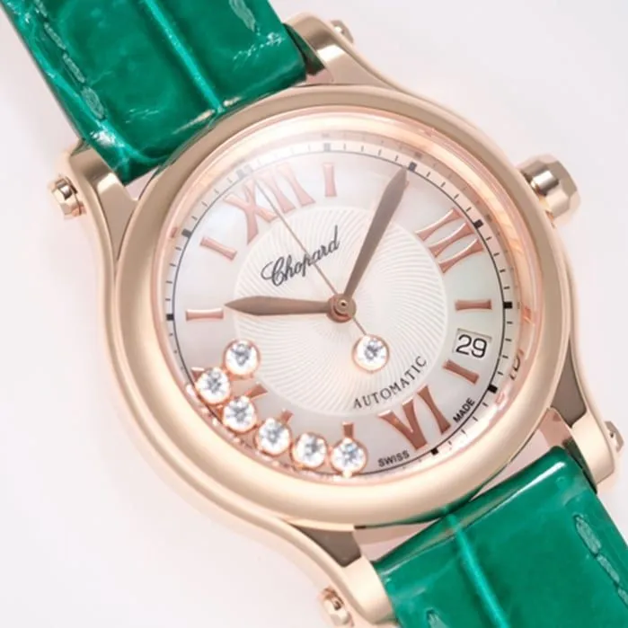 top-tier watch Chopard women's white dial green strap happy diamond HAPPY DIAMONDS series watch front view