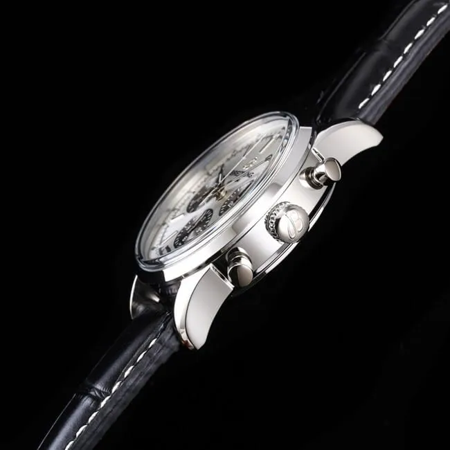 top-tier watch Breitling overseas series chronograph silver steel case watch front view