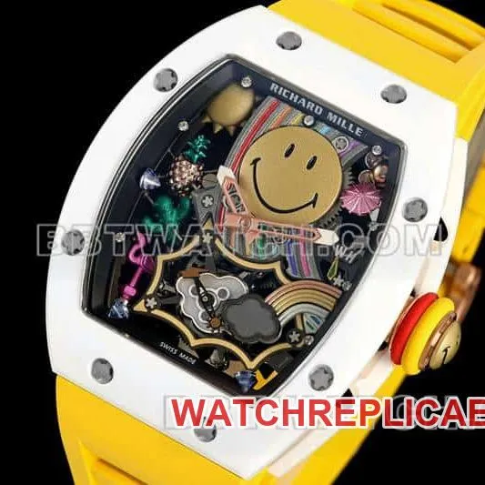 Richard Mille men's smiley tourbillon white shell yellow rubber RM 88front live photo