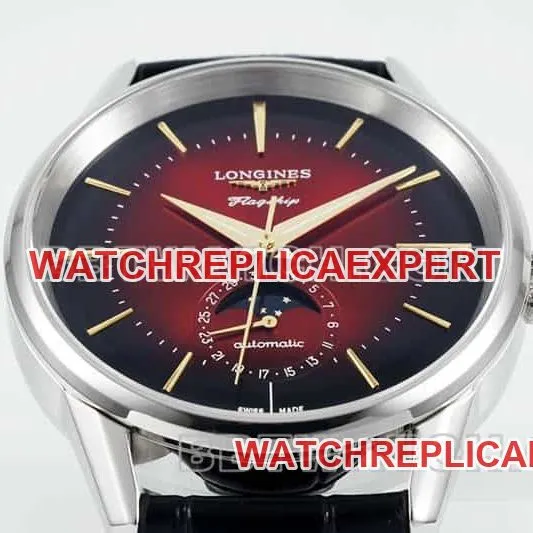 APS factory Longines classic replica1:1top-tier red plate moon phaseleather strap model front live photo