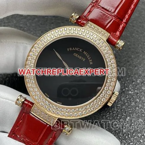 collectible watch frank mill quartz ABF factory black dial gold diamond bezel red leather braceletfront live photo