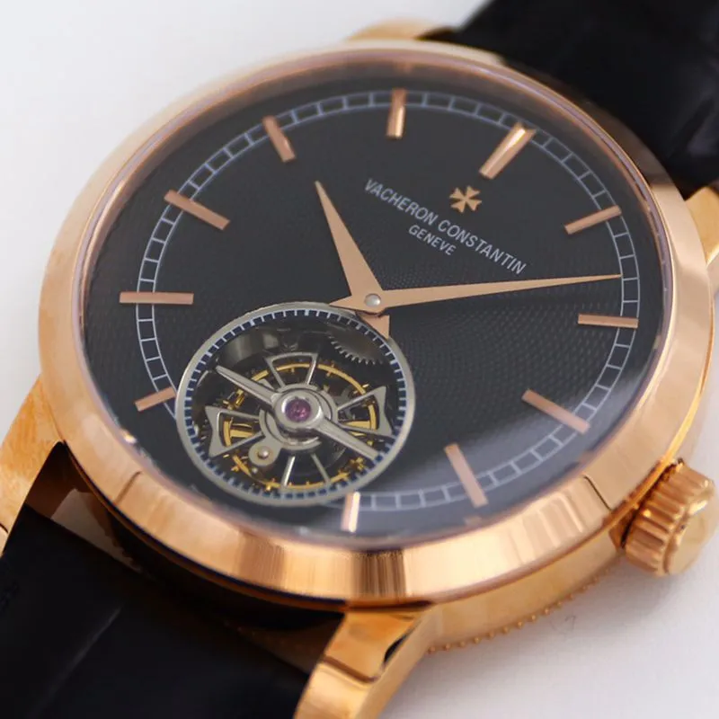 Vacheron Constantintop-tiersuper watch Traditionnelle series tourbillon men's black dial gold watch side view