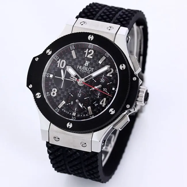 top-tier watch Hublot BIG BANG black ring silver case watch front view