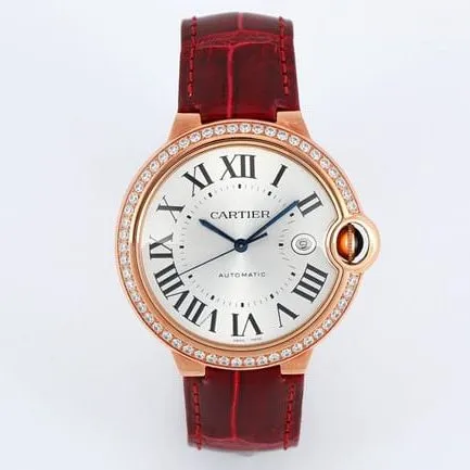 V6 factory top-tier watch Cartier men's white dial red band blue balloon series automatic movementleather strap watch front view