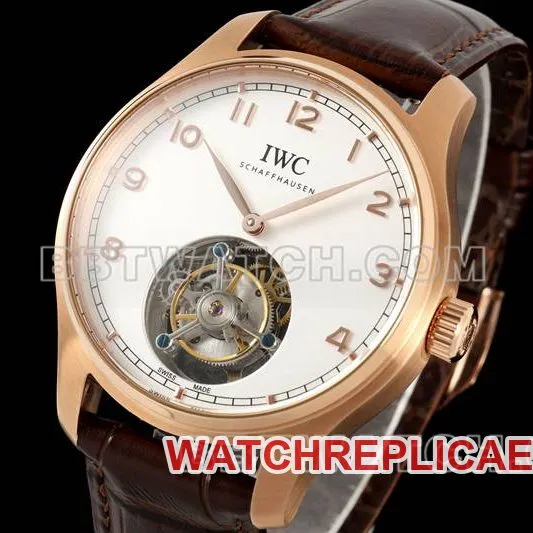 IWC collectible watch RMS factory Portugal white dialrose goldtourbillon mechanical leather strap model front live photo
