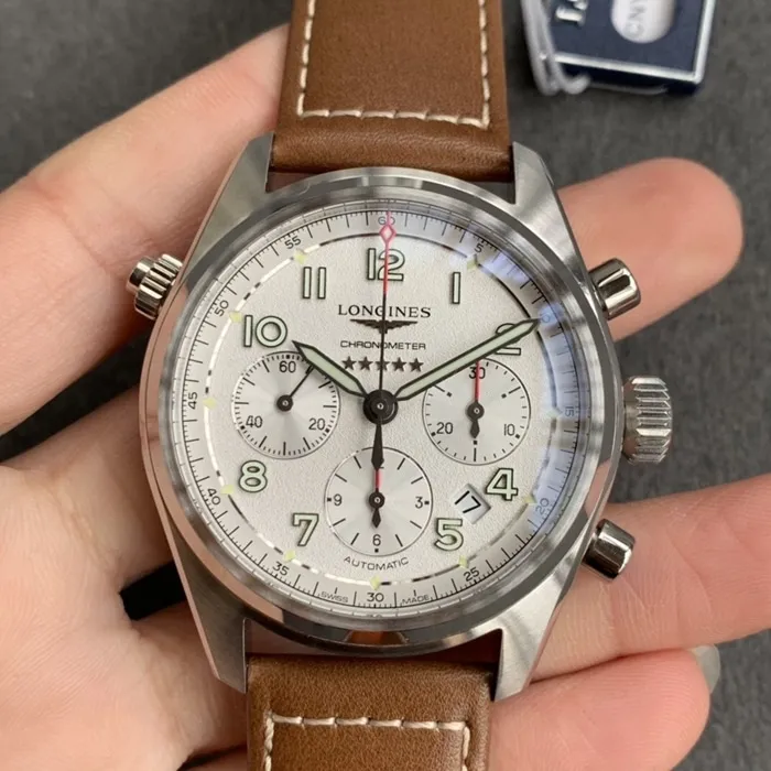 top-tier watch Longines men's white dial pioneer series leather strap watch front view