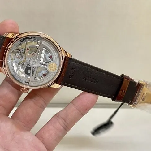 top-tier watch IWC men's white dial brown belt Portuguese 7 series natural diamond automatic movementleather strap watch front view