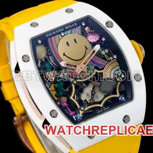 Richard Mille men's smiley tourbillon white shell yellow rubber RM 88front live photo