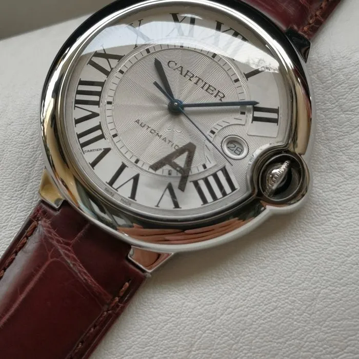 top-tier watch Cartier men's white dial blue balloon series leather strap watch front view