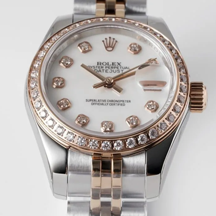 Top-tier watch Rolex women's white dial Date just steel bracelet watch front view