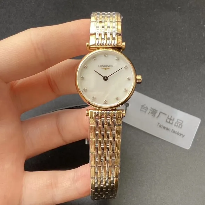 top-tier watch Longines couple watch white dial gold belt Jialan series quartz watch front view