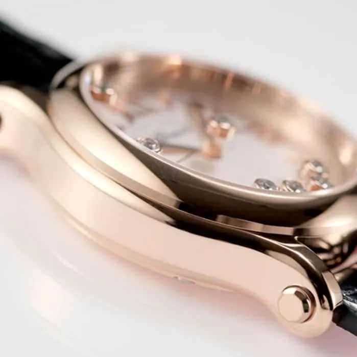 Top collectible watches Chopard Women's White Plate Black Strap Happy Diamonds Collection Front View