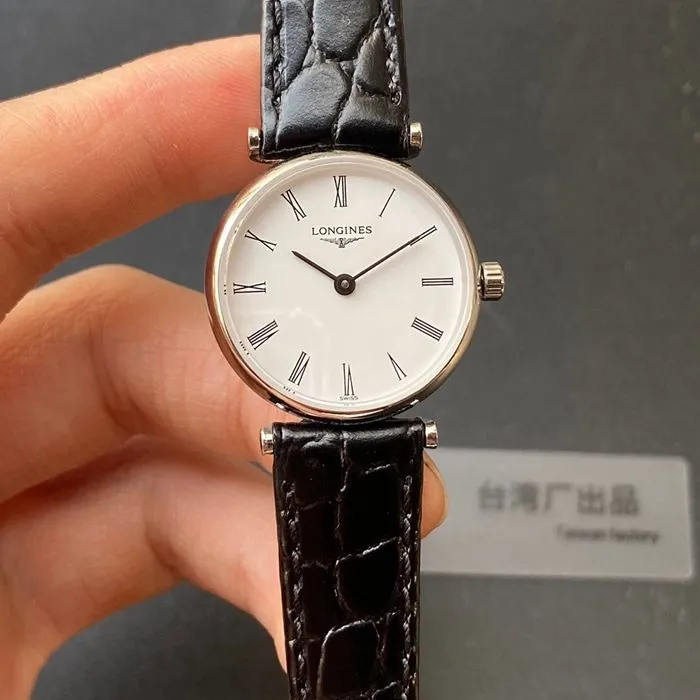 top-tier watch Longines couple watch white dial black belt ultra-thin Jialan series leather strap watch front view