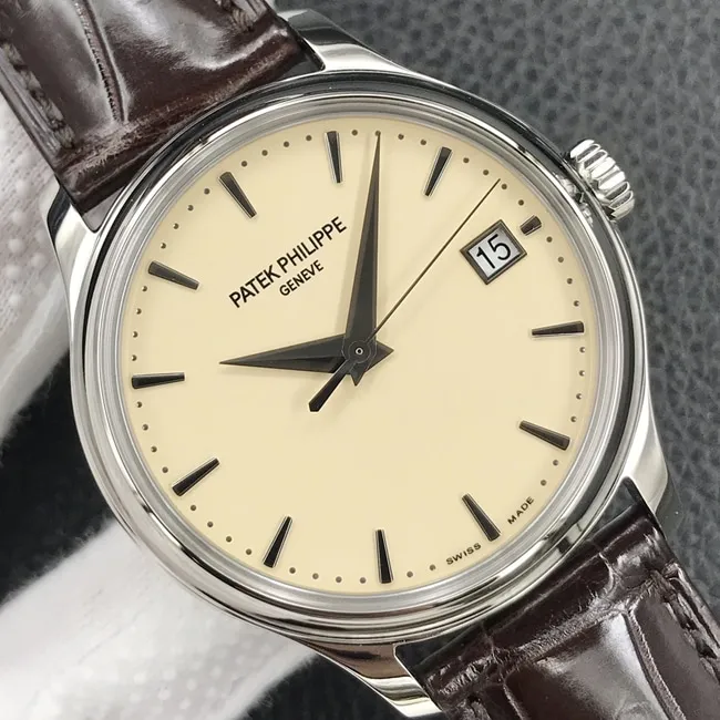 3k factory top-tier watch Patek Philippe yellow plate brown belt automatic movement men's leather strap watch front view