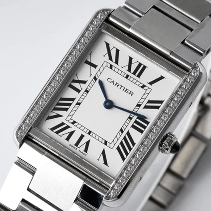 top-tier watch Cartier women's white dial tank series steel bracelet watch front view