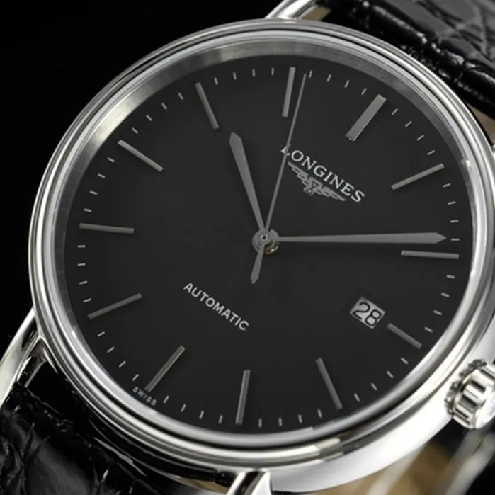 top-tier watch Longines men's black dial black belt magnificent series watch front view