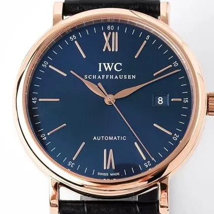 ZF Factorytop-tier watch IWC men's automatic movementleather strapblue dial black belt Portofino series watch front view