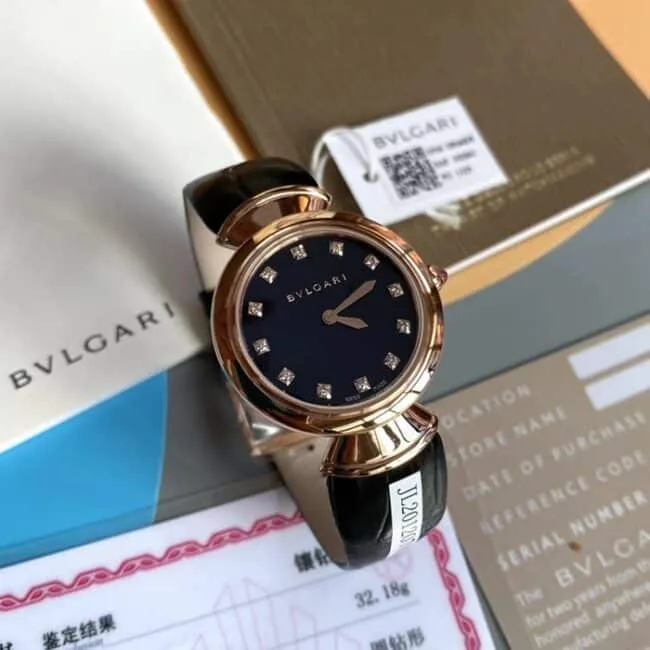 top-tier watch Bvlgari women's black dial black belt leather strap watch front view