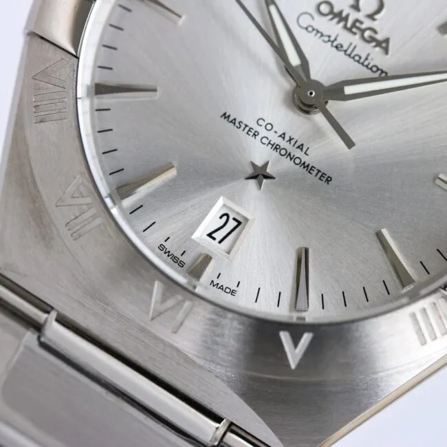 Top Omega 39mm Constellation series stainless steel watch front view