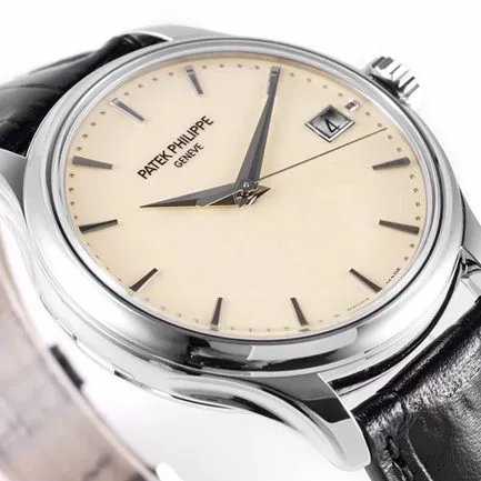 ZF Factorytop-tier watch Patek Philippe men's white dial black belt mechanical classical series leather strap watch front view