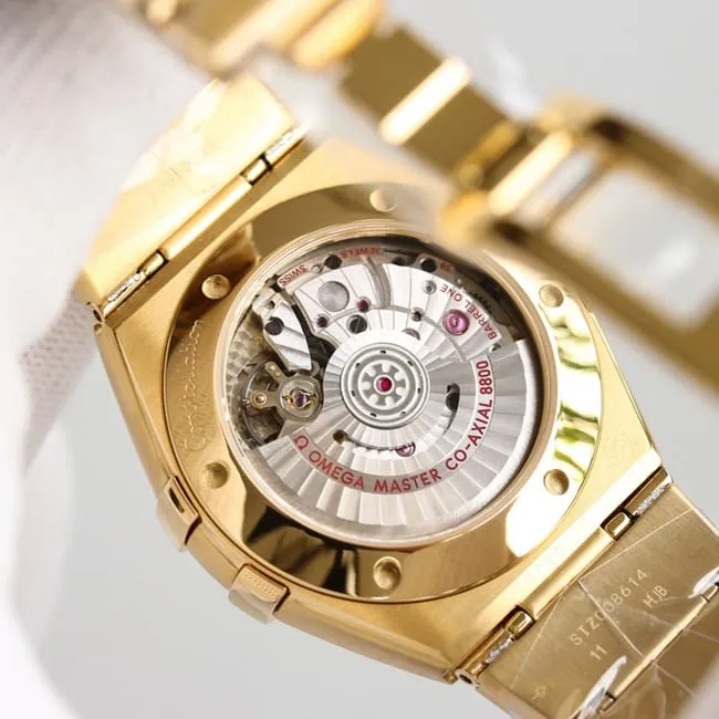Top Omega 5th Generation Constellation Series Gold Plate Gold Silver Steel Strap Men's Earth Watch Front View