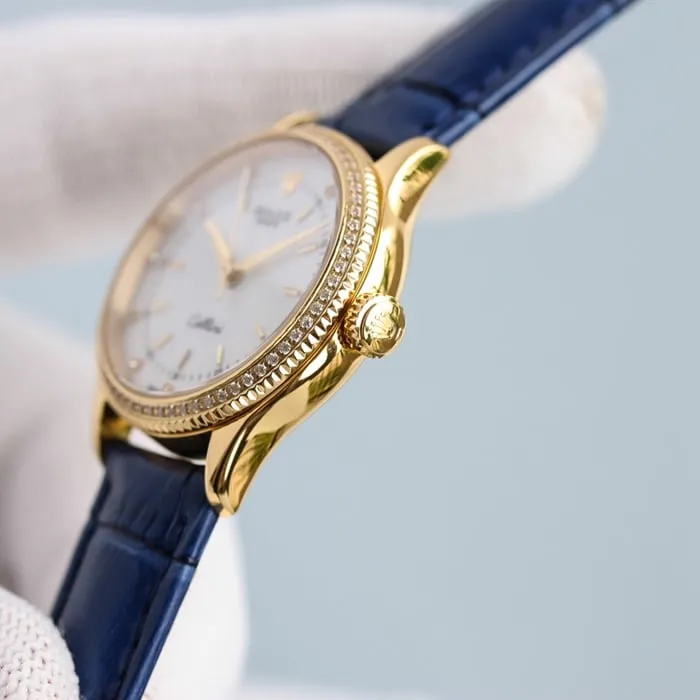 Top Rolex Ladies' Cellini series black dial leather strap watch, front view