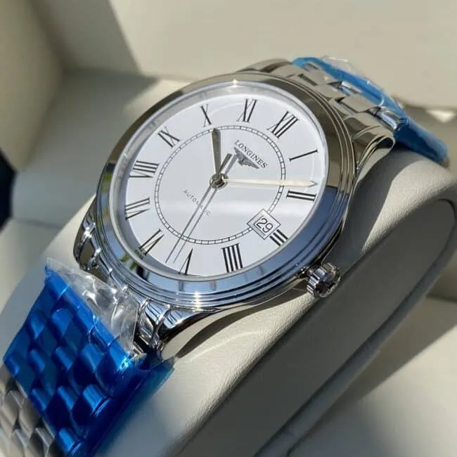 Longines Master Collection Swiss Engraved Movement Centennial Classic White Steel Couple's Watch Front View