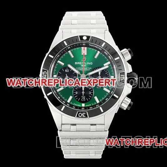 Breitling1:1replica watch TF factory mechanical chronographgreen dial44mmsteel bracelet front live photo