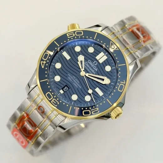 top-tier replicaOmega men's blue dialsteel braceletSeamaster 300m series mechanical watch front view