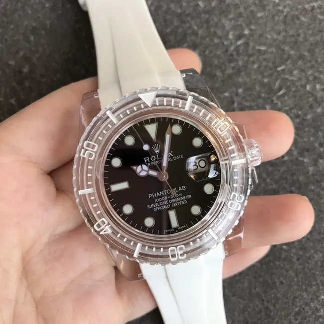 top-tier replicaRolex men's black dialrubber strap joint masterpiece crystal series mechanical watch side view