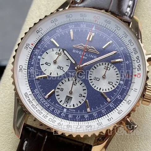 top-tier watch BLS factory blue dialBreitling aviation chronographrose goldleather strap model front live photo