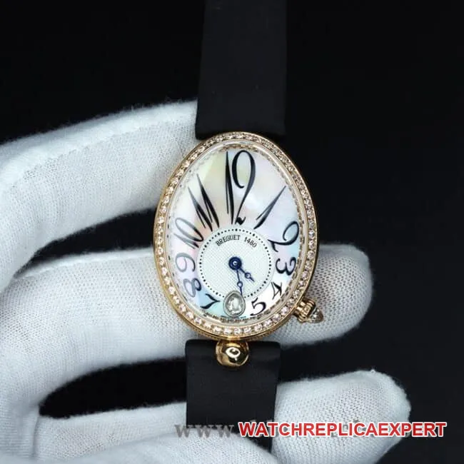ZF Factorytop-tier watch Breguet Naples ladies' watchwhite dial black belt diamond-set mother-of-pearl full automatic movement watch front view
