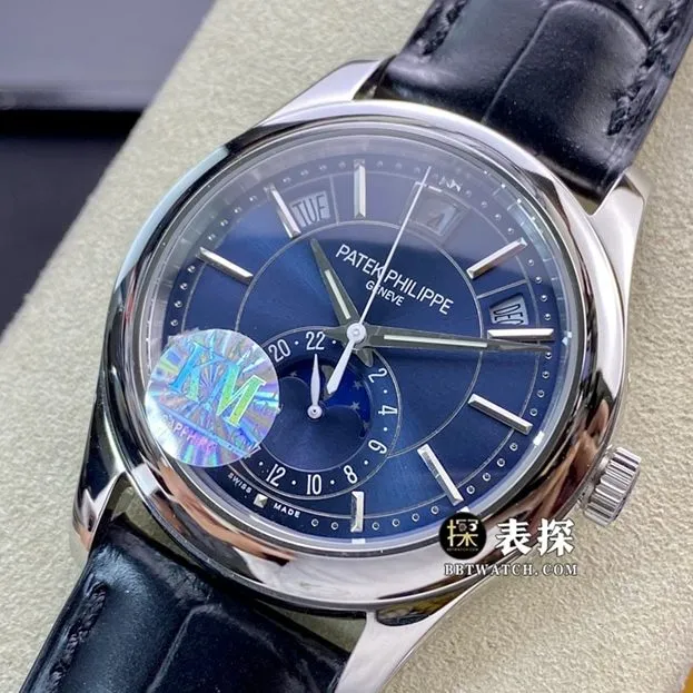 KM factory Patek Philippe complex function timepiece 5205G1:1super watch men's blue dialmoon phaseleather strap model pictures and prices front live photo