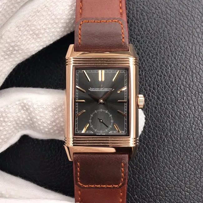 MG factory Jaeger-LeCoultretop-tier watch flip series men's black dial brown belt manual mechanical leather strap watch front view