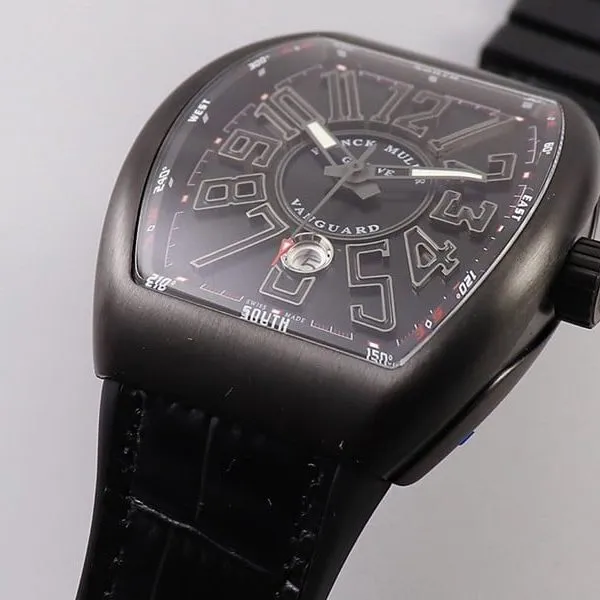 Frank Muller watch V45 series cool black barrel type men's leather strap automatic movement watch side view