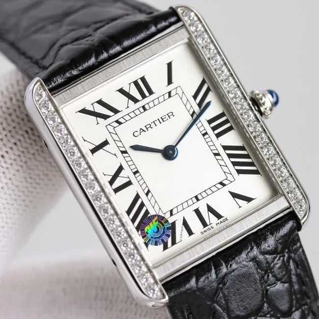 3WF factory Cartiertop-tier watch tank series couple ladies white dial black belt quartzleather strap front view