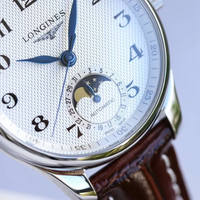 top-tier replicaLongineshigh-quality women's white dial brown belt famous craftsman series fully automatic movementleather strap watch front view