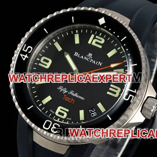 Blancpain1:1replica watch fifty fathoms black dial titanium mechanical black rubber model front live photo