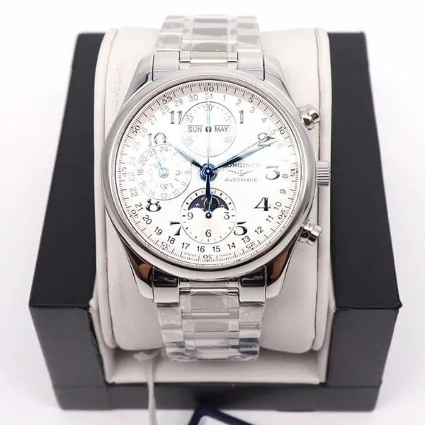 GL factory replicaLongines watch famous eight-pin moon phase7751white dialsteel bracelet model side view