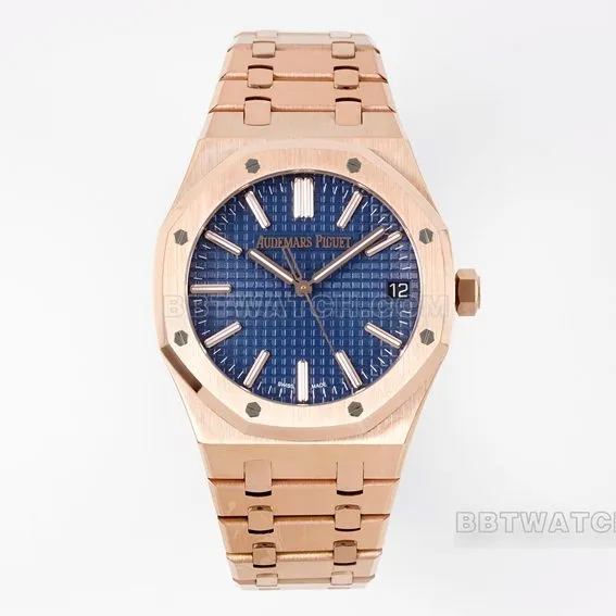 APS factory Audemars PiguetRoyal Oak1:1top-tier watch blue dialrose goldsteel bracelet model 15510OR.OO.1320OR.03front live photo