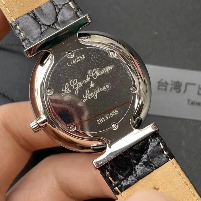 top-tier watch Longines couple watch white dial blue belt elegant Jialan series quartzleather strap watch front view