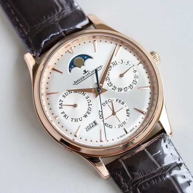 TW factory Jaeger-LeCoultremoon phase watch three major complex functions master series fully automatic movement men's white dial brown belt watch top-tier replicaleather strap front view