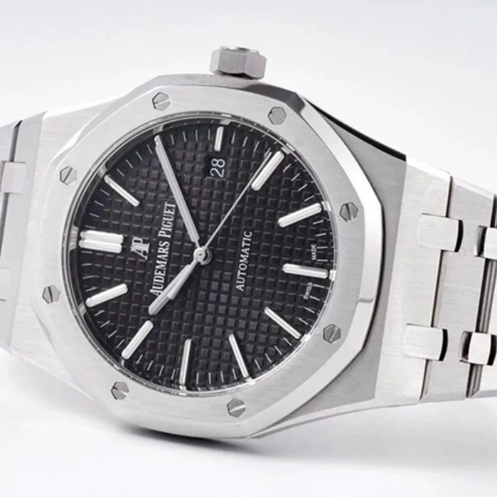 top-tier watch Audemars Piguet men's black dial Royal Oak mechanical steel bracelet watch front view